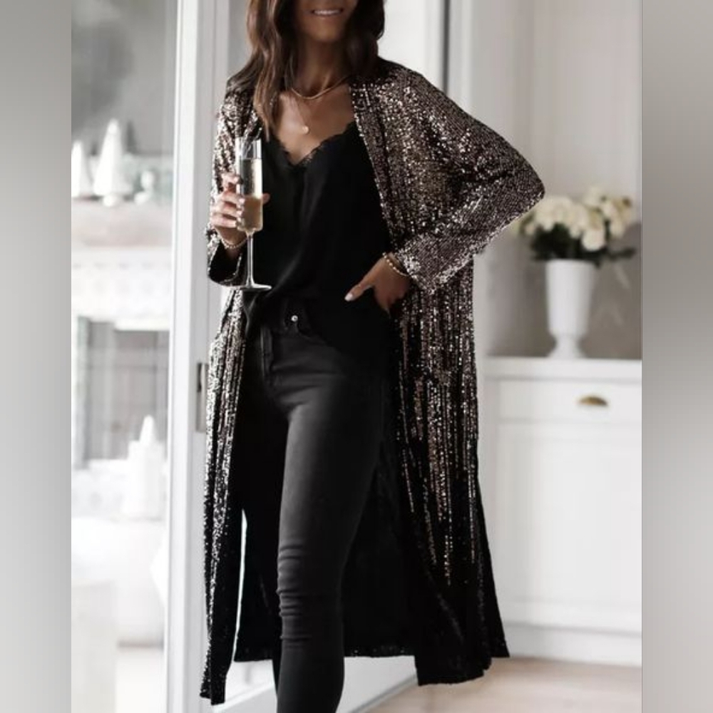 Dulcinea Sequined Duster Jacket in Rose Black Ombre - Picture 7 of 14